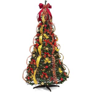 Albero di Natale Decorato in Oro e Rosso di 1,8 Metri con 350 Luci Calde, Fiocchi, Ornamenti, Foglie di Agrifoglio, Decorazioni Natalizie Pieghevoli - Product Image 5