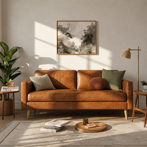 Midcentury Modern Genuine Leather Two Seat <b>Sofa</b> Tight Back Straight Arm Wood Legs Living Room Furniture Leather <b>Sofa</b> - Product Image 1