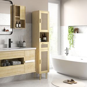 Mobile da bagno alto in rovere con ripiani regolabili e porte in Rattan mobili di stoccaggio indipendenti - Product Image 2
