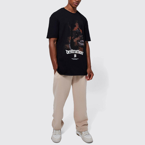 Camiseta Negra para Hombre con Estampado de Rottweiler, Logotipo Destructivo, Estilo Urbano, Corte Regular, Manga Corta, Cuello Redondo, Jersey de Algodón - Product Image 3
