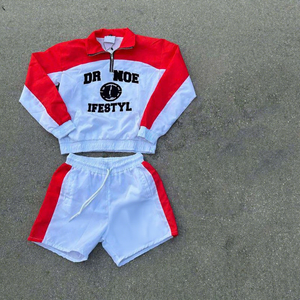 Dr Noe Lifestyle Men's Sporty Track Set Quarter-Zip <b>Jacket</b> and <b>Shorts</b> Color Blocking Red <b>White</b> Polyester Cotton Summer Wear - Product Image 4