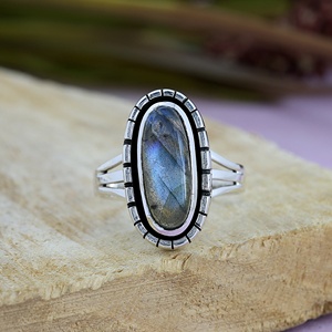 Natural Labradorite 925 Sterling <b>Silver</b> <b>Statement</b> <b>Rings</b> Long Oval Cabochon Gemstone Boho Vintage <b>Ring</b> Handmade Jewelry - Product Image 6