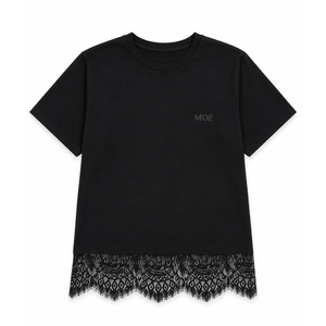 New Design women's shirt Lace Trim Hem Short Sleeve Tshirt Drop Shoulder Solid Chic Custom Branding DTG 100% Cotton Wear Stylish - Product Image 3