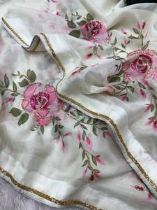 Sari en soie imprimé, sari fantaisie à fleurs, sari en soie douce de créateur, sari floral fait main, sari en soie tabby - Product Image 6