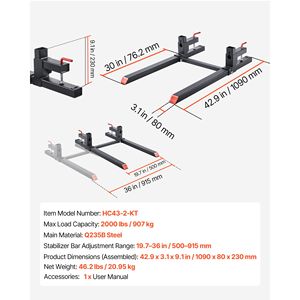 Nuove Forche per Pallet da 2000 Libbre con Morsetto, Lunghezza Totale 43 Pollici, Forche per Trattore Resistenti con Barra Stabilizzatrice Regolabile - Product Image 4