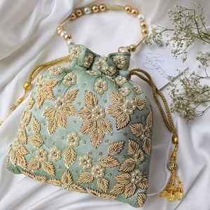 Unique Design Dark <b>Green</b> <b>Silk</b> Potli Bag Golden Butti Print Pearl Border Embroidery Women Wedding Bridal Drawstring Purse Ethnic - Product Image 5