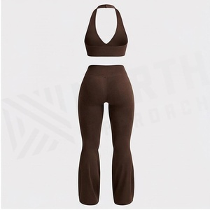 North Approach 2 Piece Yoga Set Deep V Halter Crop Top High Waist Full Length <b>Flared</b> <b>Leggings</b> Solid Brown Breathable Seamless - Product Image 2