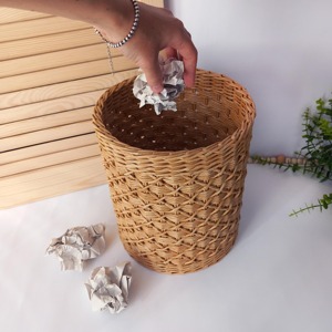 Rattan Storage Basket Cylindrical Woven Geometric Pattern Minimalist Decorative Indoor Household Use Open Top Wastes <b>Bin</b> - Product Image 6