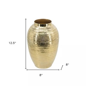 Satin Finish Modern Brass Tabletop <b>Vase</b> Handmade With <b>Ribbed</b> Texture Gold Finish 12.5 In Height 8 In Width Decorative Art Piece - Product Image 1