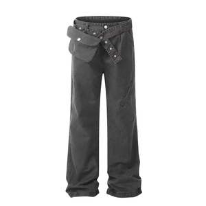 Pantalones Vaqueros Anchos Negros para Hombre, Cintura Alta, Corte Holgado, Lavado Arena, Algodón, Estilo Urbano, Otoño - Product Image 1