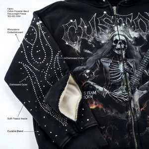 Sudadera con capucha y cremallera para hombre, con estampado de calavera gótica y guitarra, negra, oversize, de ajuste regular, tejida, 100% algodón, transpirable - Product Image 5