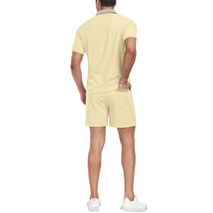 Conjuntos de Shorts Casuales de Verano para Hombre, Color Sólido, Poliéster y Algodón, Camiseta de Manga Corta con Cuello Alto, Transpirable, Trajes Deportivos de 2 Piezas - Product Image 2