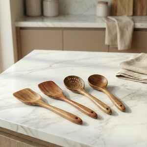 Ensemble d'ustensiles de cuisine en bois avec support, outils de cuisson rustiques faits à la main, cuillères et spatules en bois écologiques - Product Image 5