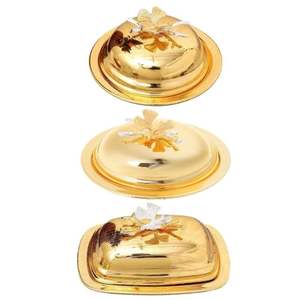 Beurrier en alliage de zinc fini or |   Boîte à pain et beurre polie miroir avec couvercle, plateau de service alimentaire rond et rectangulaire - Product Image 1