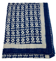 Couvre-lit Kantha en coton bleu et blanc à motifs géométriques, plié, pour toutes les saisons, décoration intérieure, design brodé