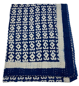 Classic Blue White Geometric Cotton Kantha <b>Quilt</b> Folded All Season Home Decor <b>Bedspread</b> Stitched Design - Product Image 4