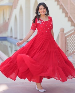 Robes Anarkali indiennes tendance en tissu imitation fleuri avec broderies de perles, robes Anarkali élégantes pour les mariages et les festivals - Product Image 1