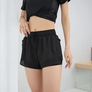 Shorts de yoga taille haute pour femmes, double couche, maille respirante, taille élastique, couleur unie, athlétique, entraînement, gym, polyester, sans couture - Product Image 4