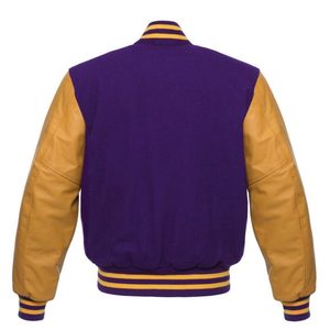 Men's <b>Purple</b> Gold <b>Varsity</b> <b>Jacket</b> PU Leather Sleeve Turn-down Collar Regular Fit Preppy Style Autumn Wear - Product Image 3