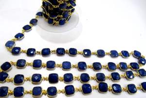 <b>Blue</b> Sapphire <b>Cushion</b> Shape Briolette Faceted Bezel Connector Chain - Product Image 3
