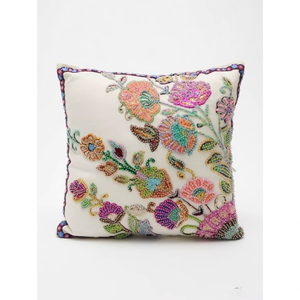Colorful Floral Embroidered Cushion with Beaded Details | Elegant Square Throw Pillow for <b>Sofa</b> Living Room and Bedroom Decor - Product Image 3