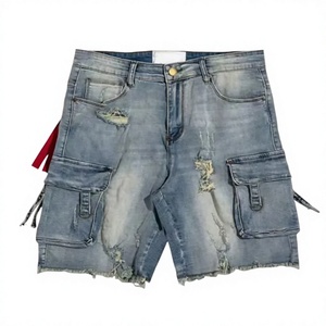 Fabricante de Shorts de Mezclilla Lavada para Hombre, Jorts Cargo Desgastados, Azul Claro, Lavado Ácido, Bolsillos Utilitarios, Pantalones Holgados Estilo Urbano - Product Image 3