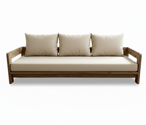 Canapé d'extérieur minimaliste Luma 2 places, résistant aux intempéries, tissu neutre, plateforme, causeuse, structure en bois massif pour terrasse moderne - Product Image 2