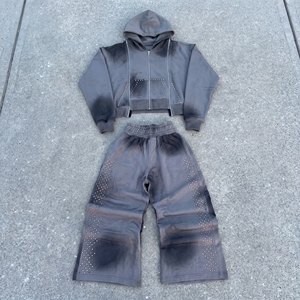 Custom Spray Fade Rhinestone Hoodie Set Heavyweight <b>Crop</b> <b>Zip</b> <b>Up</b> Fleece Tracksuit Vintage Yellow Acid Wash Streetwear Sweatpants - Product Image 4