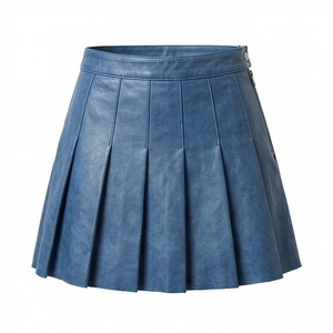 Women Blue <b>Faux</b> <b>Leather</b> Pleated Mini <b>Skirt</b> Solid A Line Short <b>Skirt</b> - Product Image 1