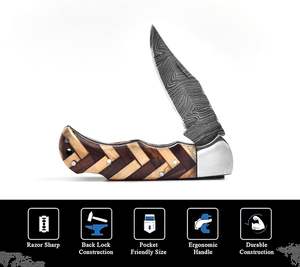 มีดพับดามัสกัสคุณภาพสูงแบบสั่งทำพิเศษสำหรับผู้ชาย มีดพกพาสำหรับการเอาชีวิตรอดและการล่าสัตว์ ด้ามไม้ ของขวัญ - Product Image 4