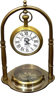 Luxury Brass <b>Desk</b> <b>Clock</b> with Compass Wooden Base Antique Style Home Office Decor <b>Clock</b> - Product Image 5