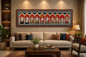 Peinture murale rectangulaire artisanale traditionnelle SriKrishna Dashavatara - Origine Orissa - Décoration suspendue pour salon intérieur - Product Image 6