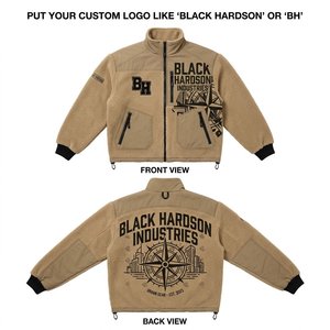Chaqueta con Capucha de Forro Polar Sherpa de Primera Calidad, 300 GSM, Color Beige Bronceado con Paneles Negros, Cierre Completo, Logotipo Personalizado, Secado Rápido, Transpirable, Resistente al Viento - Product Image 1