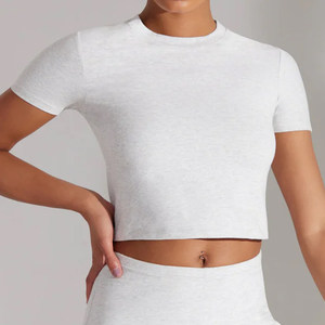 Women's 2 Piece <b>Knitted</b> <b>Set</b> White Crew Neck Short Sleeve Crop Top With Logo Above Knee Skirt Casual Spring Summer Daily Wear OEM - Product Image 4