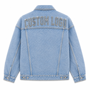 Custom Rhinestone Denim Jacket Personalized Logo <b>Light</b> Blue Jean Jacket Wholesale - Product Image 2