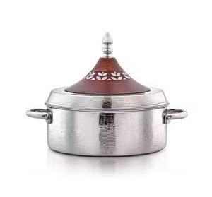 Olla térmica de plata martillada con tapa de madera incrustada, cacerola térmica artesanal, calentador de alimentos aislado, vajilla de lujo, plato para servir en el hogar - Product Image 1