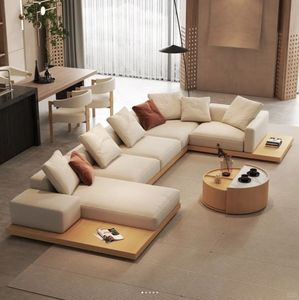 Canapé sectionnel en tissu en forme de L en teck moderne, design minimaliste, profil bas, meubles de salon - Product Image 1