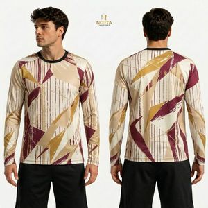 Camiseta Deportiva de Manga Larga, Transpirable, de Secado Rápido, con Patrón Geométrico Abstracto Beige Dorado, de Poliéster - Product Image 1