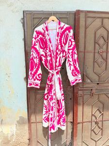 Robe de bain pour femme en coton 100% écologique, rose, à fleurs, style Suzani, manches longues, col en V, avec ceinture, pour l'été - Product Image 1