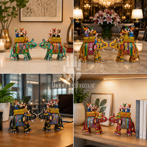 Paire d'éléphants en bois Art Déco faits à la main de qualité supérieure (6 po) – Ensemble de figurines animales peintes et colorées, sculpture décorative polie pour la maison - Product Image 4