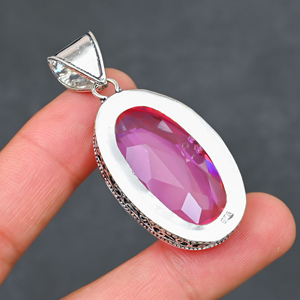 Magnifique pendentif ovale en quartz rose synthétique, style bohème, en argent sterling 925 plaqué rhodium, fait main, très demandé - Product Image 1