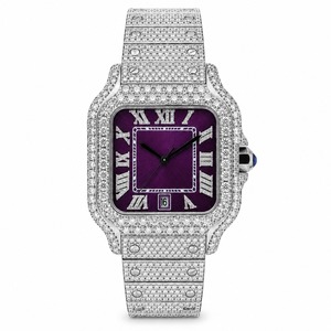 Reloj cuadrado unisex de lujo de acero inoxidable con esfera morada, incrustaciones de diamantes, movimiento de cuarzo analógico con fecha, cierre plegable de 41 mm - Product Image 1