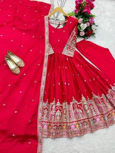 Robe Anarkali en coton brodé rouge avec dupatta, tenue de mariage traditionnelle indienne et pakistanaise, robe longue jusqu'aux chevilles pour femmes - Product Image 4