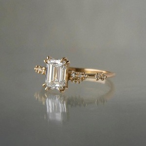 Vintage Emerald Cut Moissanite Engagement Ring Unique Round Cluster Moissanite Ring Yellow Gold Double Prong Anniversary ring. - Product Image 5
