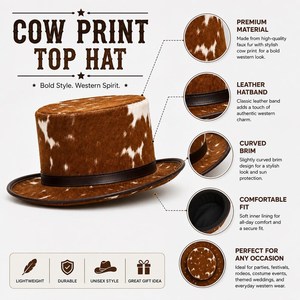 Sombrero de Copa Unisex de Cuero con Estampado Personalizado, Diseño de Vaca Marrón y Blanco, para Fiestas Formales, Estilo Europeo-Americano, para Adultos, Cuatro Estaciones - Product Image 6