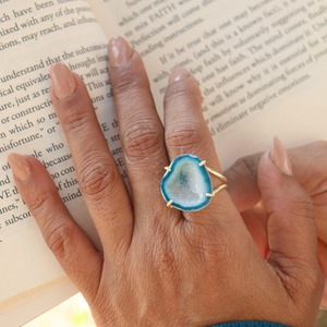 Natural Geode Druzy Brass Gold Plated Prong Setting Double Layer <b>Adjustable</b> <b>Ring</b> Daily Wear <b>Ring</b> for Her - Product Image 5