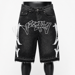 Pantalones Cortos de Mezclilla Negros para Hombre, Estampado Gráfico Personalizado, Holgados, Hasta la Rodilla, Estilo Casual Urbano - Product Image 1