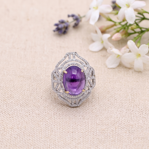 Bague en argent sterling 925 massif avec cabochon ovale naturel en améthyste et pavé de diamants, motif filigrane, collection Memoria Jewels - Product Image 6