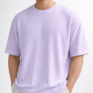 Camiseta de Manga Corta para Hombre, Color Morado, Tejido Waffle, Cuello Redondo, Corte Regular, Casual, Transpirable, 100% Algodón, Color Sólido, Térmica - Product Image 1