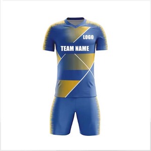 ชุดเสื้อฟุตบอลและกางเกงขาสั้นผู้ชายแบบกำหนดเอง สีน้ำเงินเหลือง ลายเรขาคณิต พิมพ์ลายแบบ Sublimation คอวี ระบายเหงื่อได้ดี ผลิตจากโพลีเอสเตอร์ ทรงสปอร์ต - Product Image 1